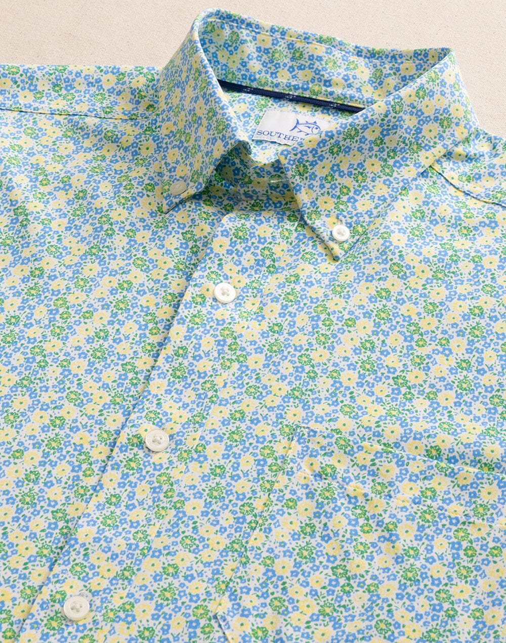 The detail view of the Southern Tide Petal Party Intercoastal Short Sleeve Sport Shirt by Southern Tide - Tuscan Sun