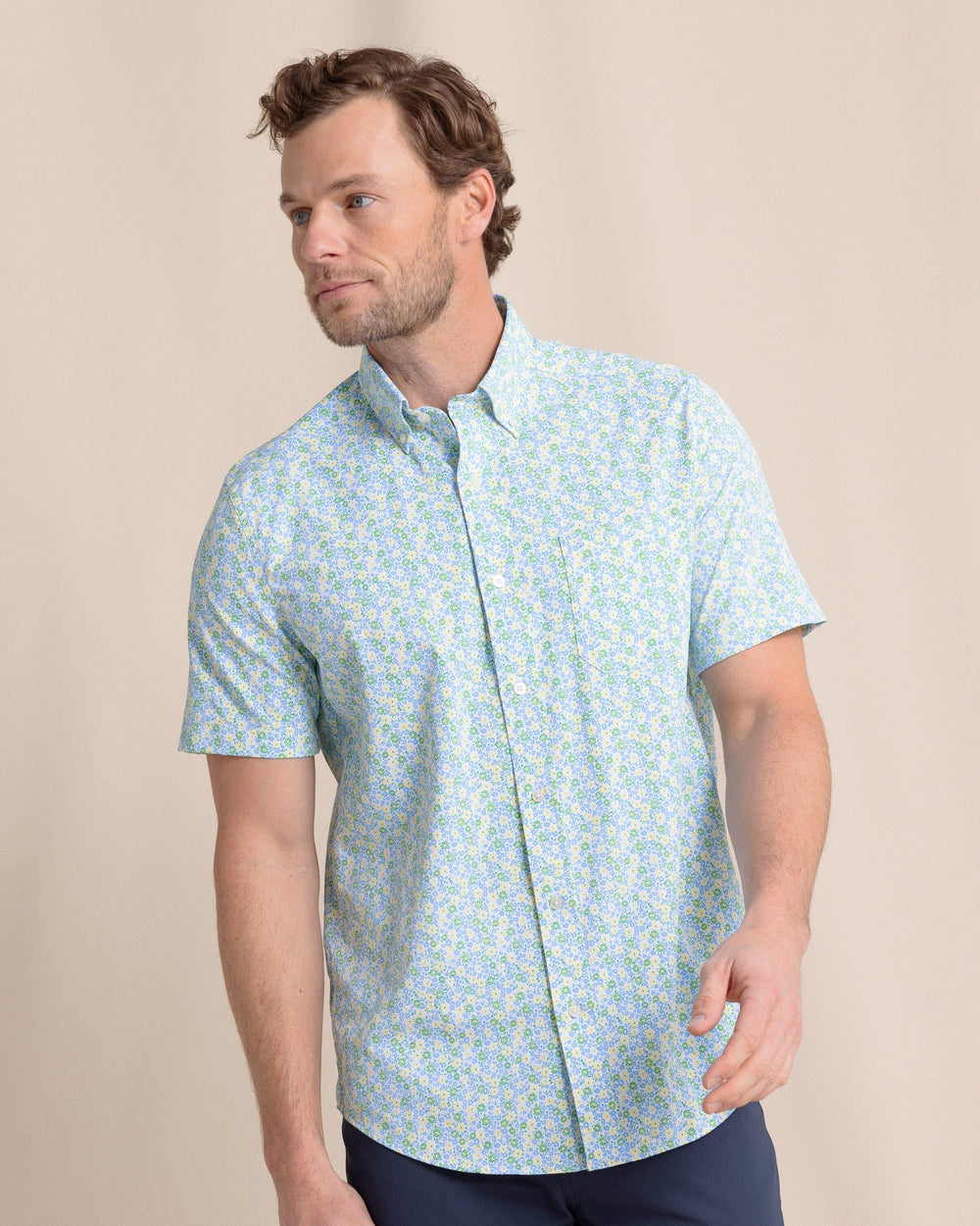 The front view of the Southern Tide Petal Party Intercoastal Short Sleeve Sport Shirt by Southern Tide - Tuscan Sun