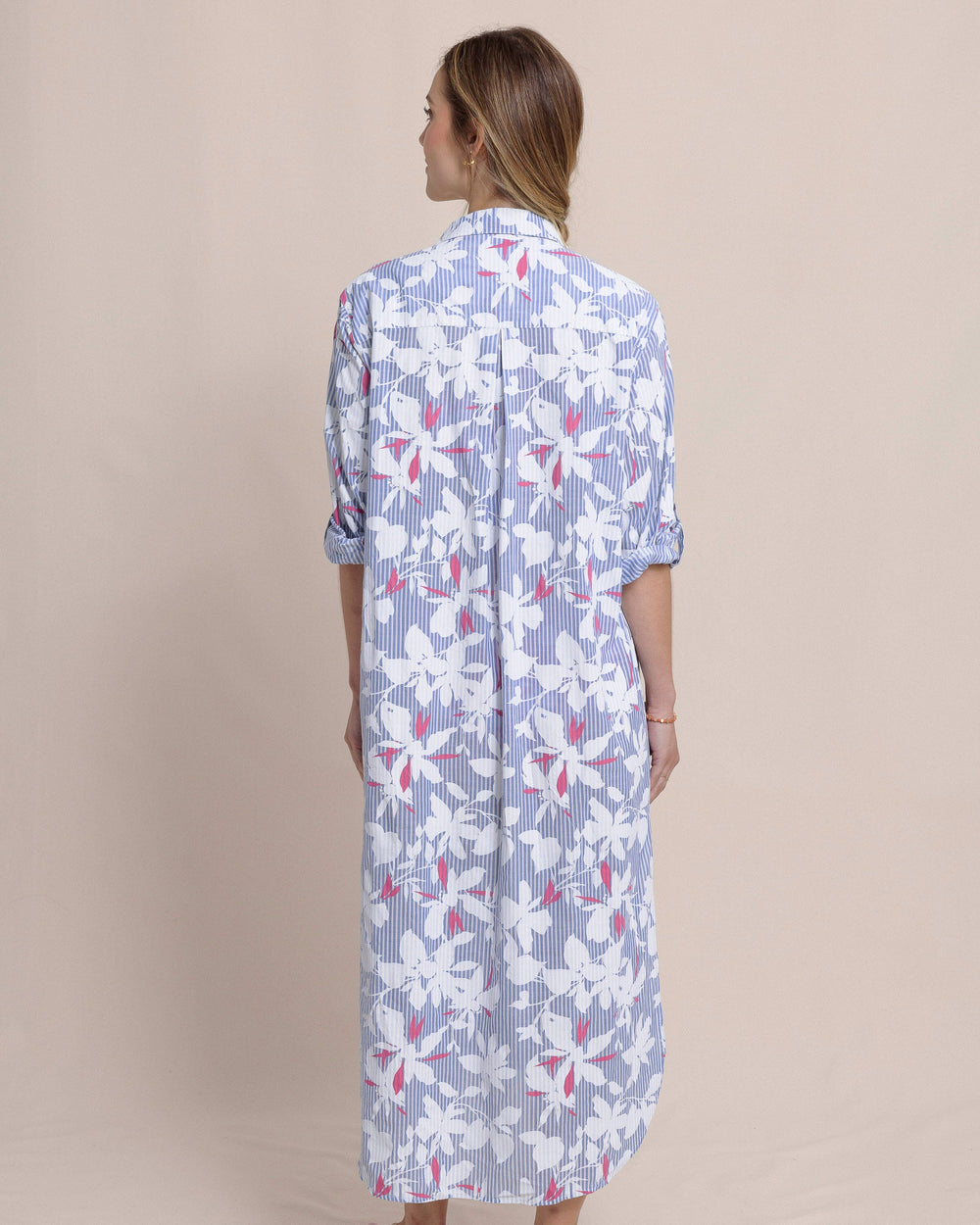 The back view of the Southern Tide Polly Blossom Bay Cover Up by Southern Tide - Cobalt Blue