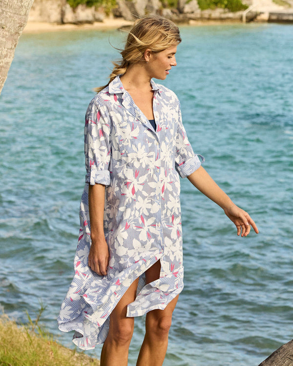 The lifestyle view of the Southern Tide Polly Blossom Bay Cover Up by Southern Tide - Cobalt Blue