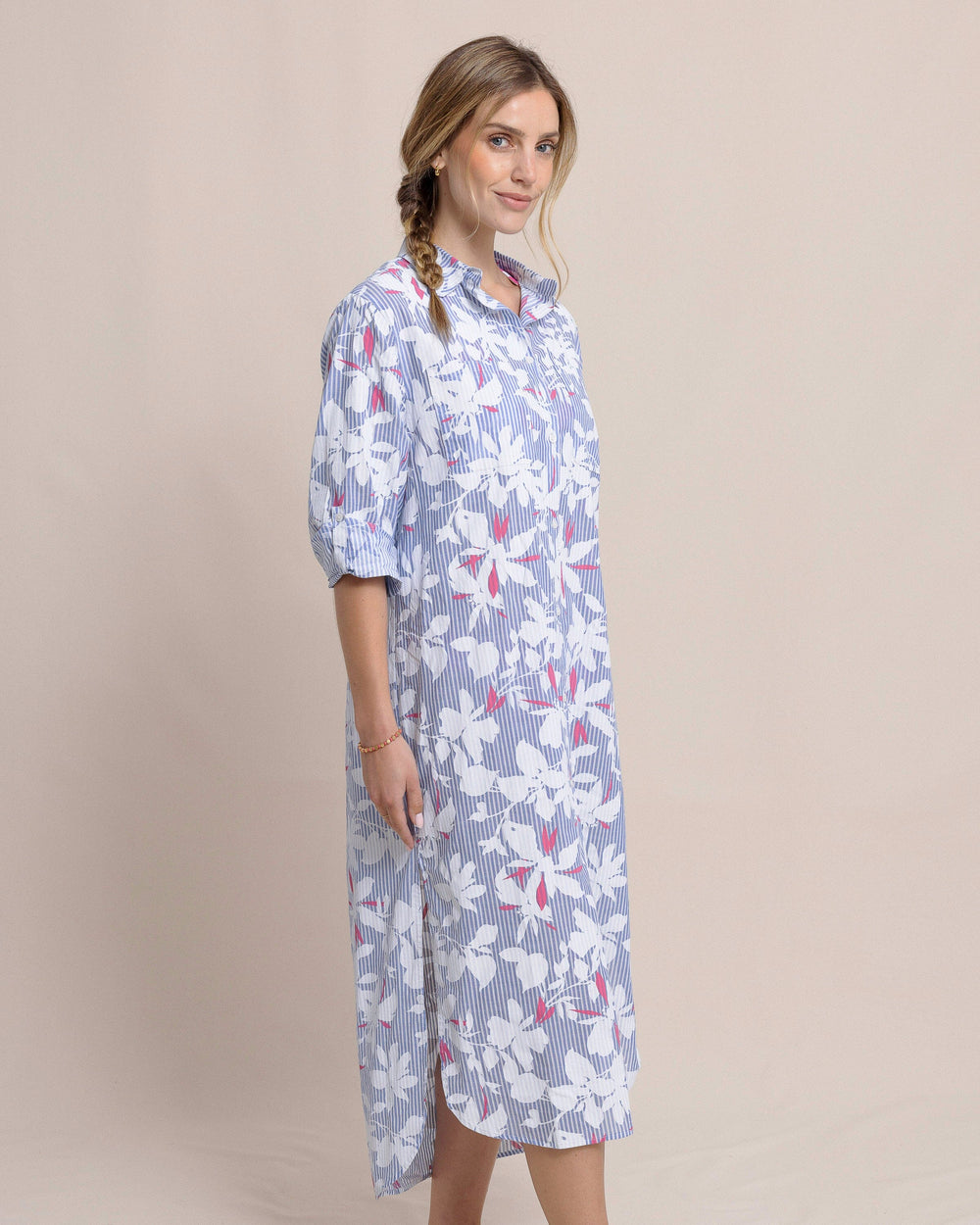 The side view of the Southern Tide Polly Blossom Bay Cover Up by Southern Tide - Cobalt Blue