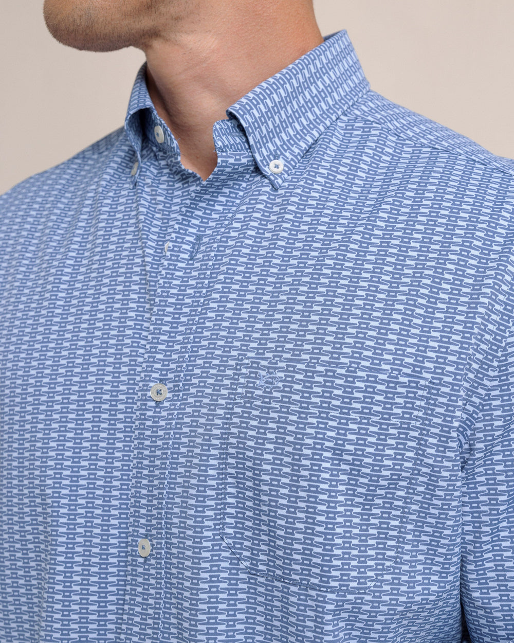 The detail view of the Southern Tide Pop Lock and Dock It Intercoastal Long Sleeve Sport Shirt by Southern Tide - Light Indigo