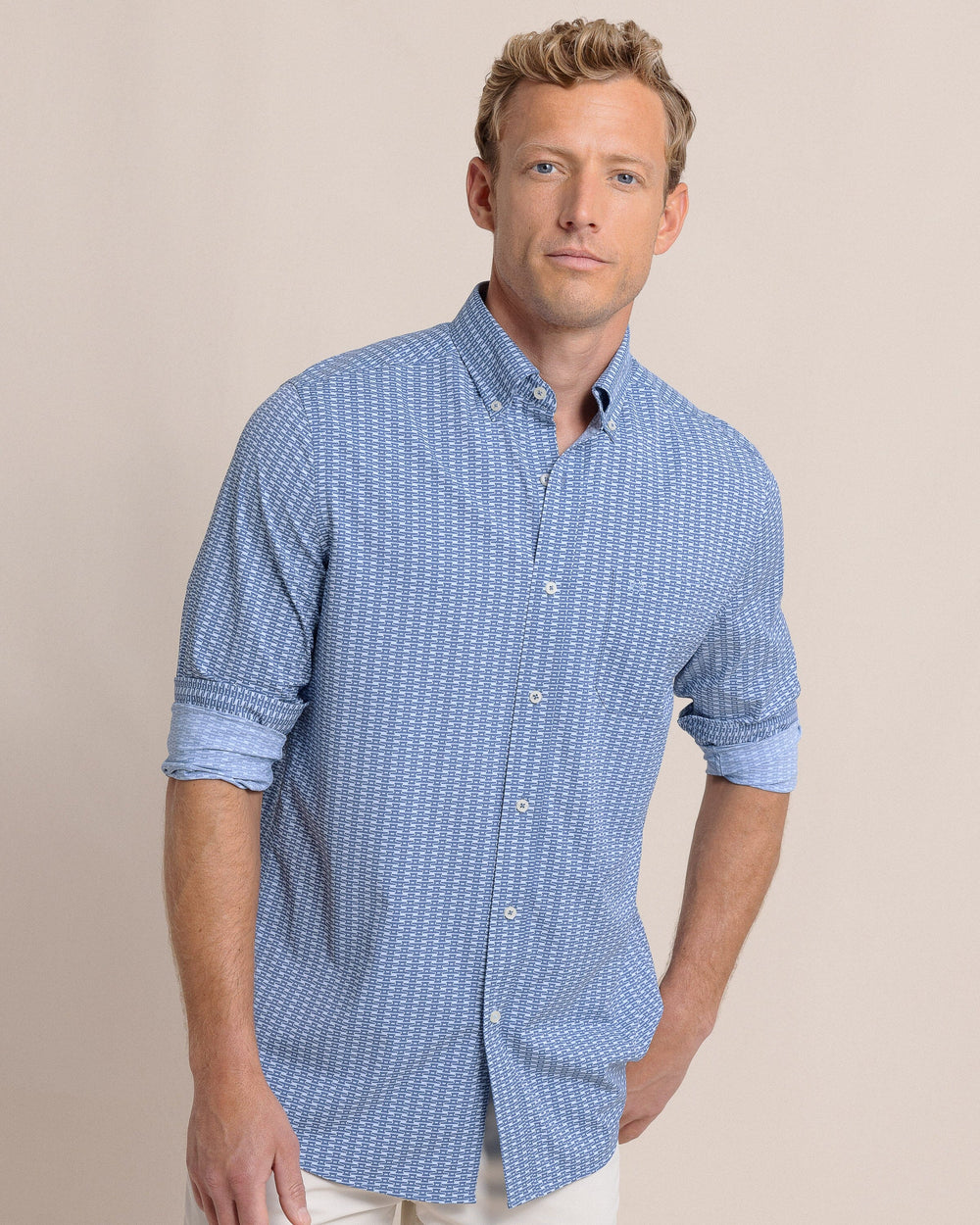 The front view of the Southern Tide Pop Lock and Dock It Intercoastal Long Sleeve Sport Shirt by Southern Tide - Light Indigo