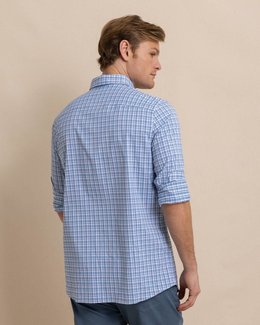 The back view of the Southern Tide Portsmouth Plaid Intercoastal Long Sleeve Sport Shirt by Southern Tide - Classic White