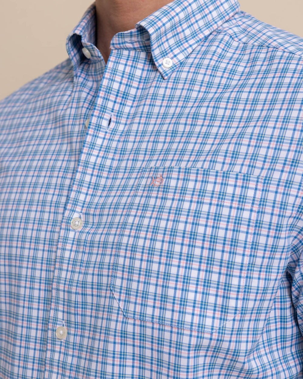 The detail view of the Southern Tide Portsmouth Plaid Intercoastal Long Sleeve Sport Shirt by Southern Tide - Classic White