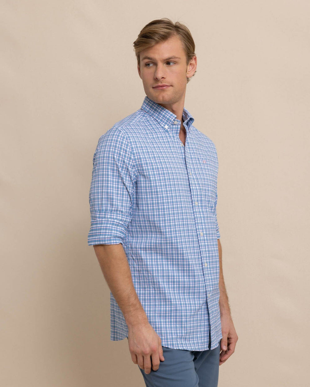 The front view of the Southern Tide Portsmouth Plaid Intercoastal Long Sleeve Sport Shirt by Southern Tide - Classic White