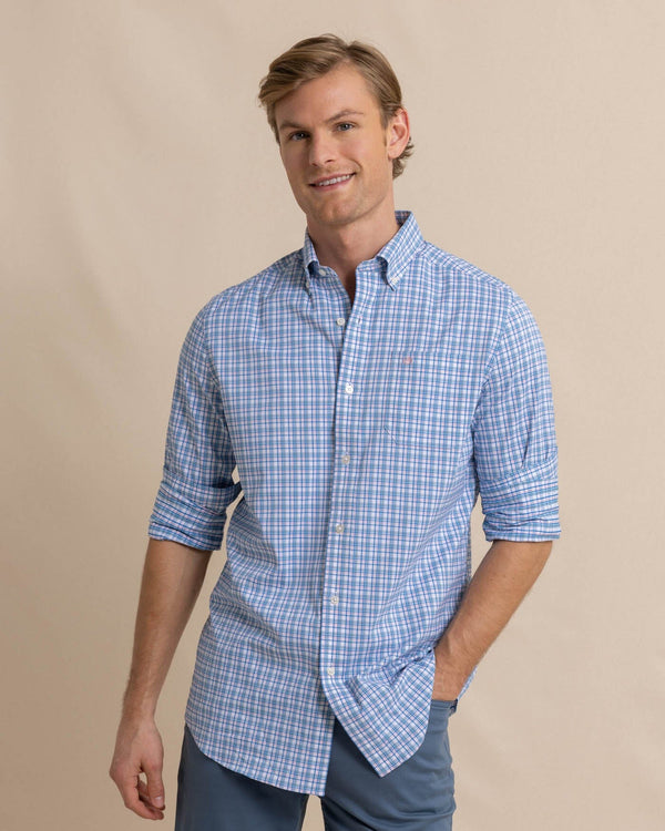 The front view of the Southern Tide Portsmouth Plaid Intercoastal Long Sleeve Sport Shirt by Southern Tide - Classic White