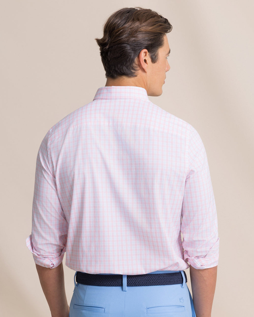 The back view of the Southern Tide Precheck Plaid Coastal Breeze® Sport Shirt by Southern Tide - Orchid Pink