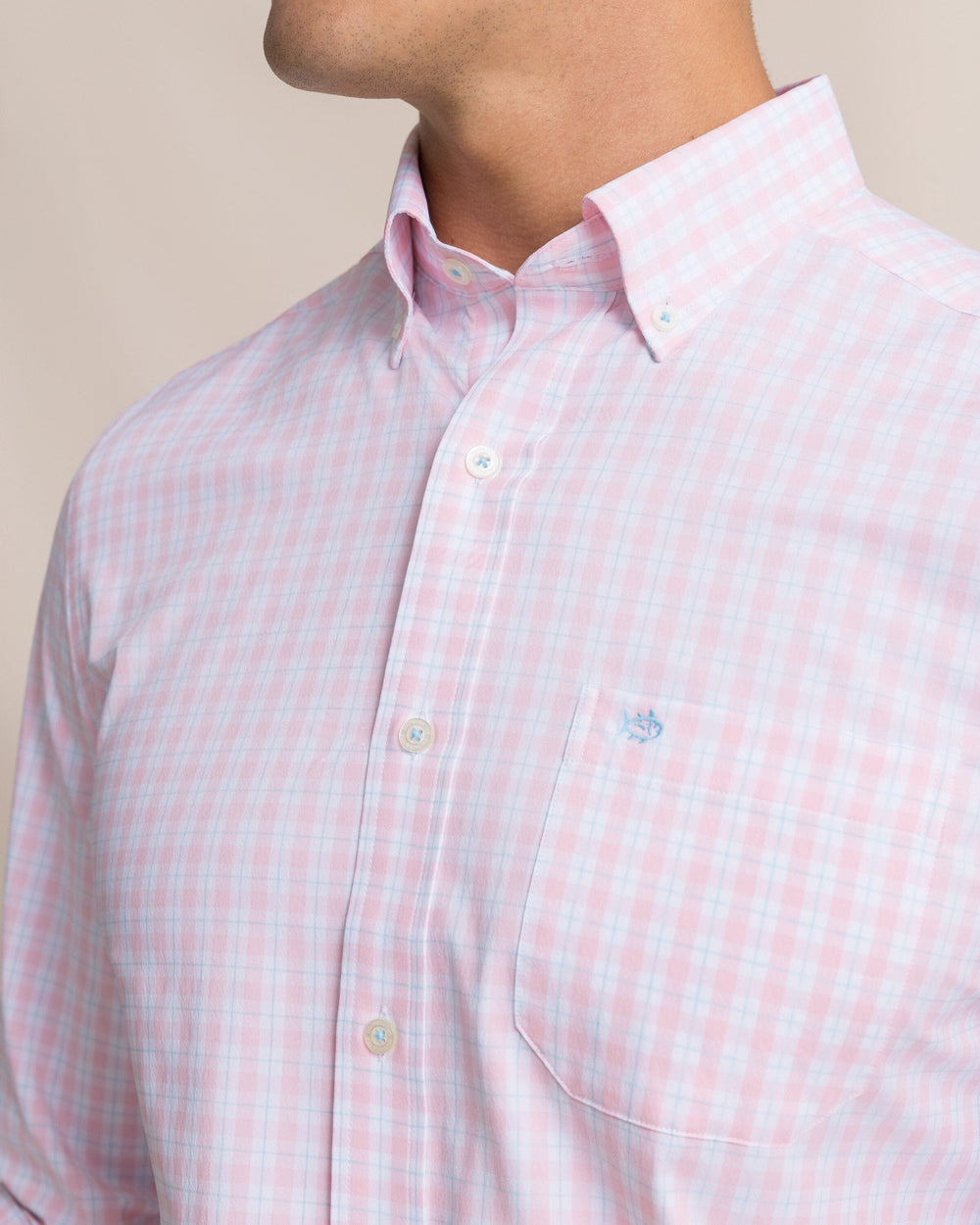 The detail view of the Southern Tide Precheck Plaid Coastal Breeze® Sport Shirt by Southern Tide - Orchid Pink
