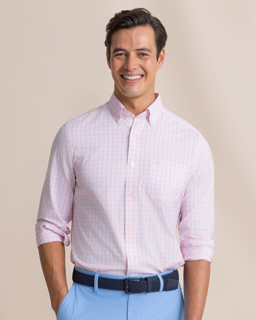 The front view of the Southern Tide Precheck Plaid Coastal Breeze® Sport Shirt by Southern Tide - Orchid Pink