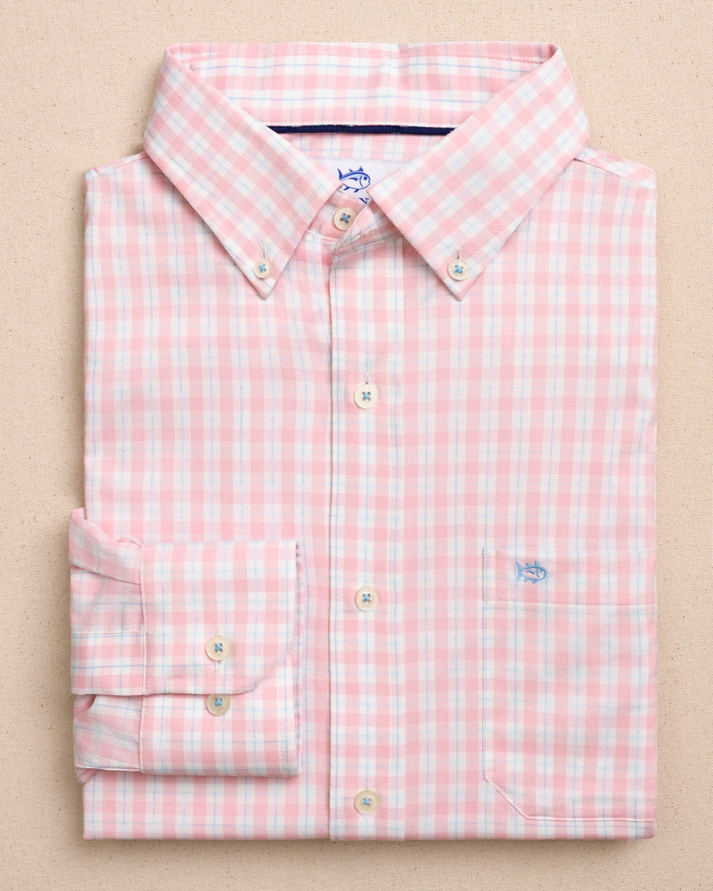 The front view of the Southern Tide Precheck Plaid Coastal Breeze® Sport Shirt by Southern Tide - Orchid Pink