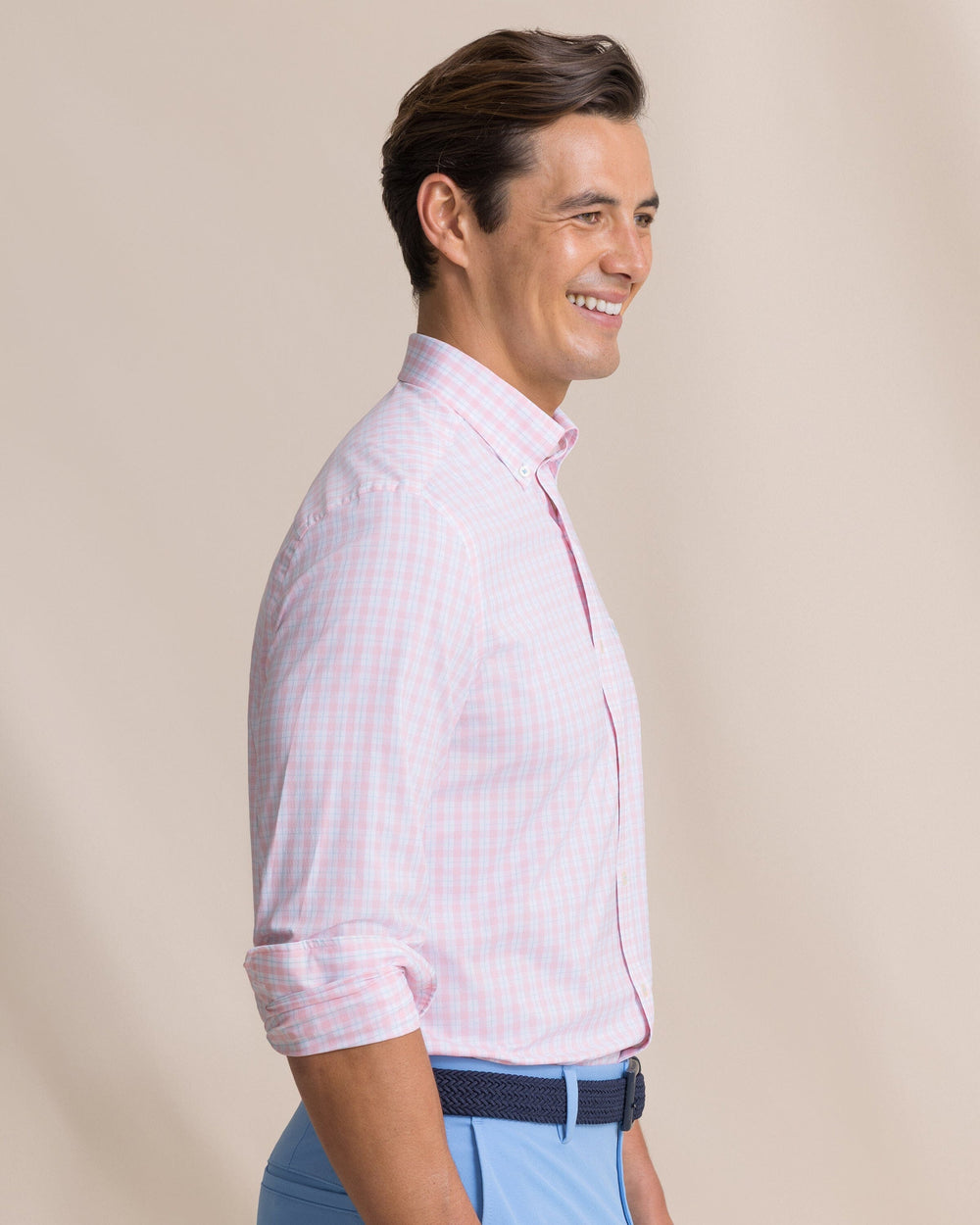 The side view of the Southern Tide Precheck Plaid Coastal Breeze® Sport Shirt by Southern Tide - Orchid Pink