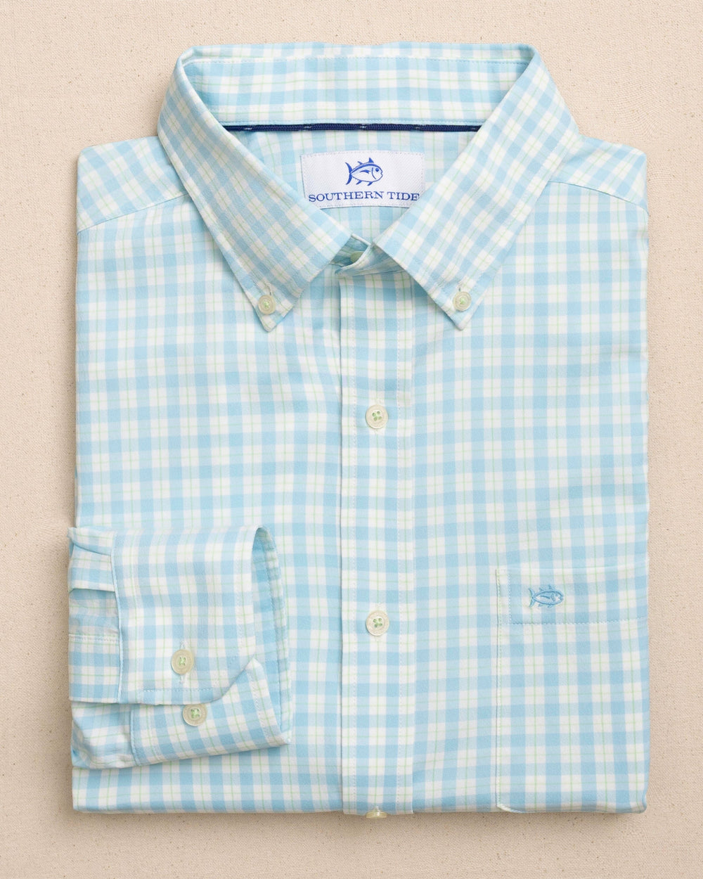 The front view of the Southern Tide Precheck Plaid Coastal Breeze® Sport Shirt by Southern Tide - Tropical Breeze Blue