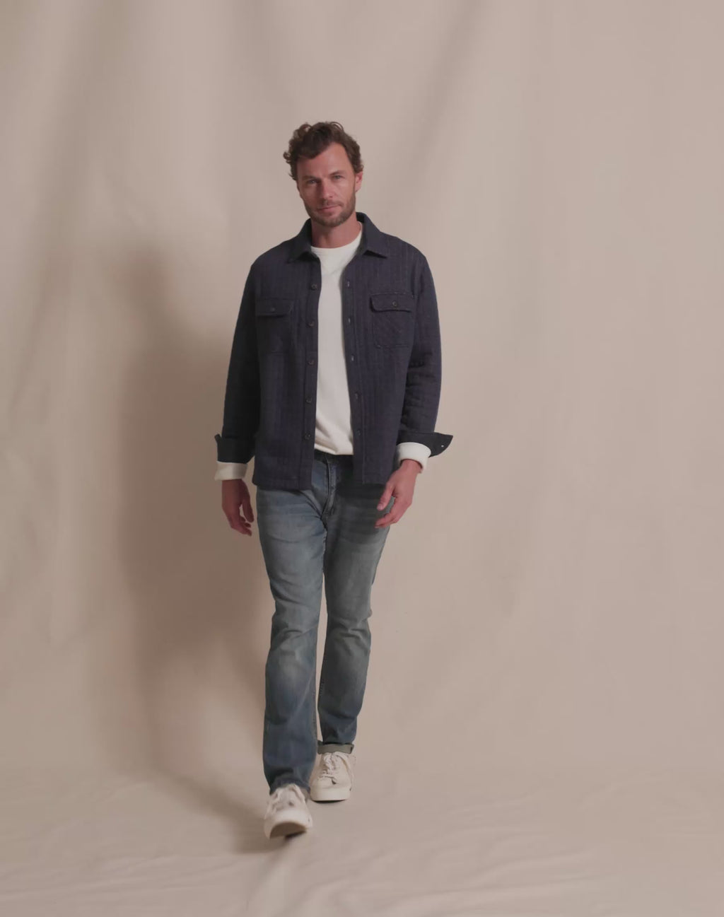 The runway view of the Southern Tide Fairwood Quilted Knit Shacket by Southern Tide - Dress Blue