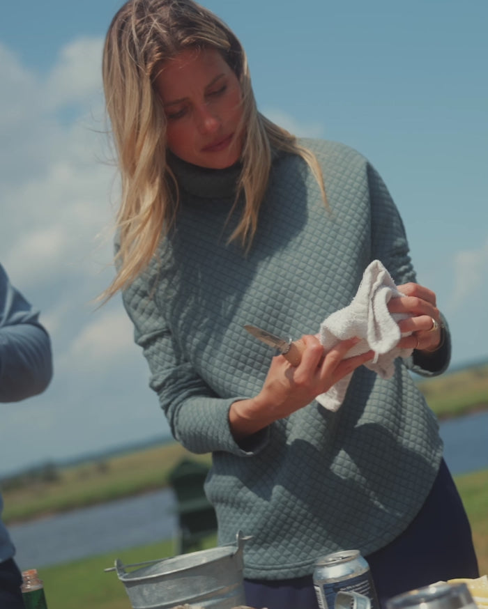 The video view of the Southern Tide Mellie MockNeck Sweatshirt by Southern Tide - Balsam Green