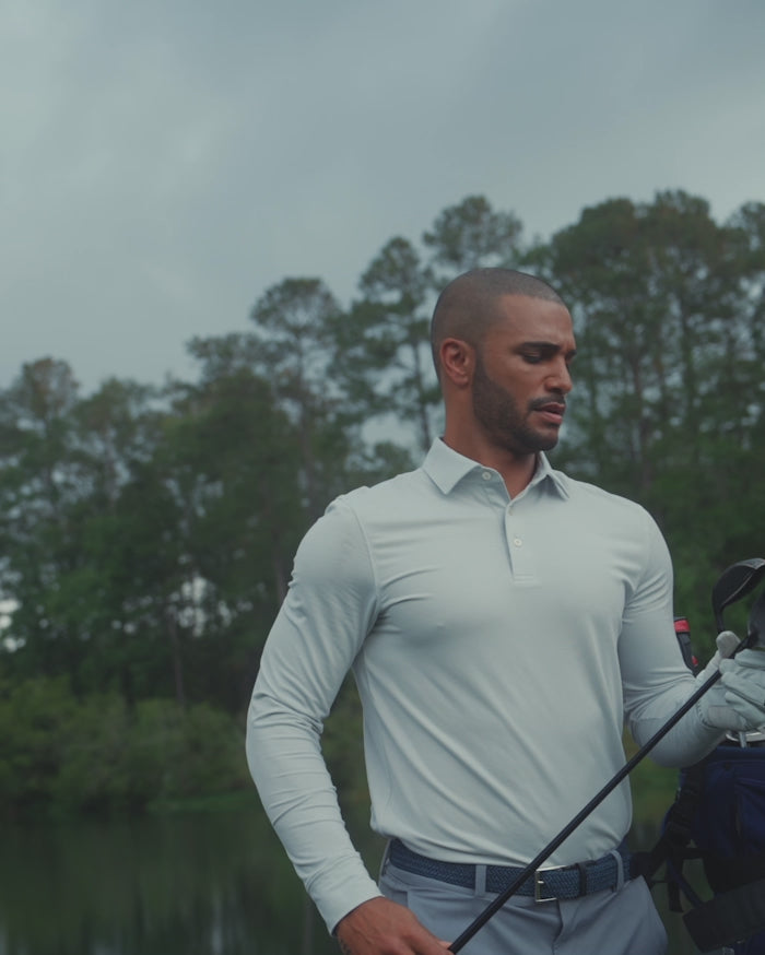 The video of the Southern Tide Ryder Heather Ridgeway Stripe Long Sleeve Performance Polo by Southern Tide - Heather Platinum Grey