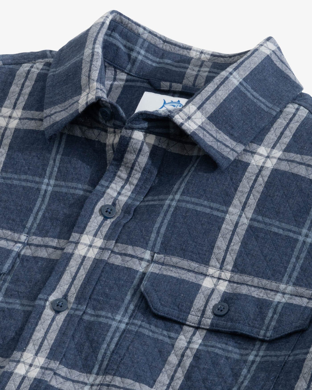 The detail view of the Southern Tide Quilted Heather Ellison Plaid Overshirt Sport Shirt by Southern Tide - Heather Dress Blue