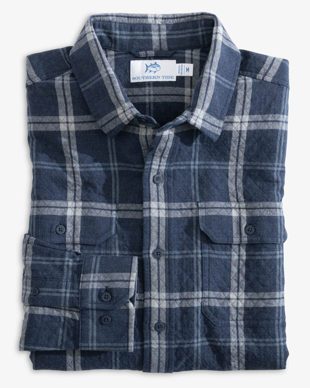 The front view of the Southern Tide Quilted Heather Ellison Plaid Overshirt Sport Shirt by Southern Tide - Heather Dress Blue