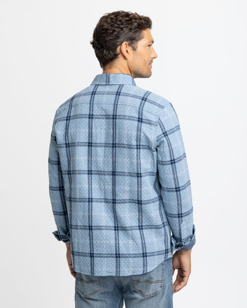 The back view of the Southern Tide Quilted Heather Ellison Plaid Overshirt Sport Shirt by Southern Tide - Heather Mountain Spring Blue