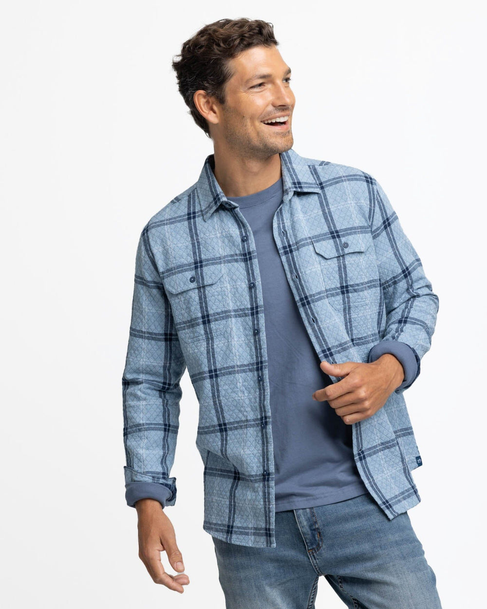 The front view of the Southern Tide Quilted Heather Ellison Plaid Overshirt Sport Shirt by Southern Tide - Heather Mountain Spring Blue