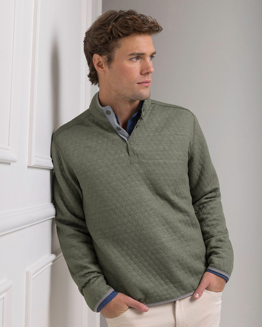 The front view of the Southern Tide Quilted Heather Reversible Quarter Snap by Southern Tide - Heather Steel Grey