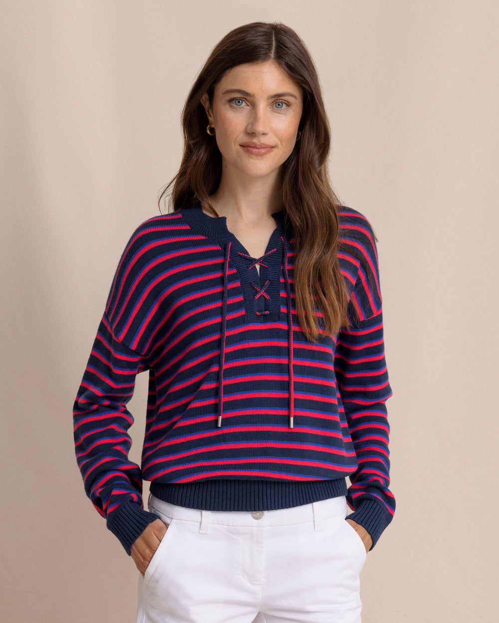 The front view of the Southern Tide Raelyn Tie Neck Sweater by Southern Tide - Grenadine Red