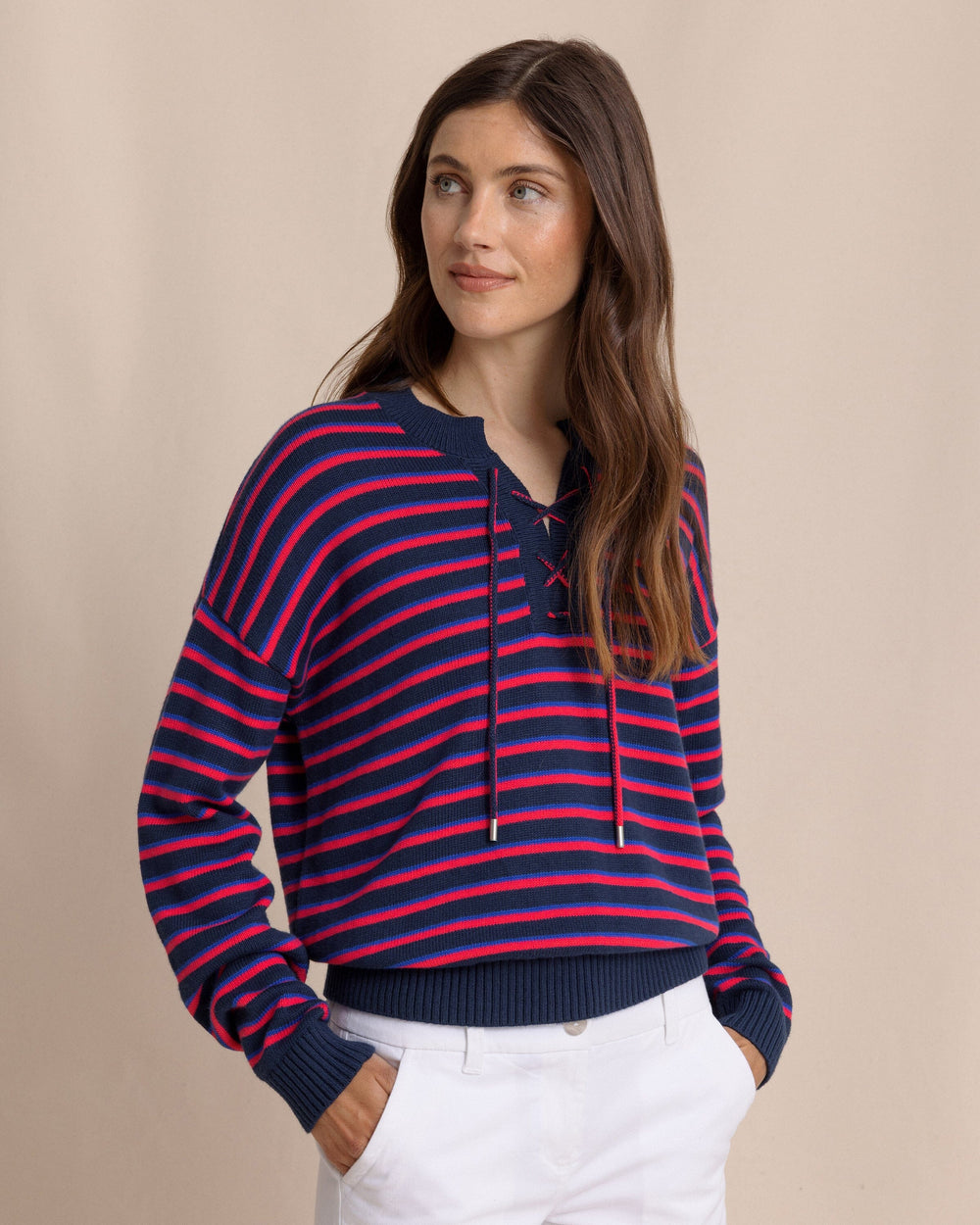 The side view of the Southern Tide Raelyn Tie Neck Sweater by Southern Tide - Grenadine Red