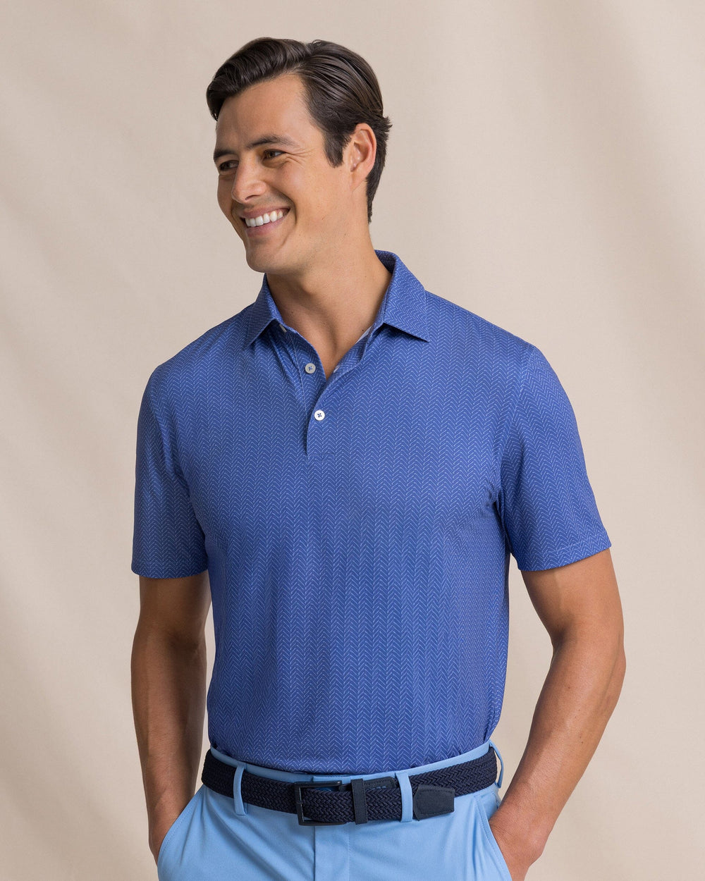 The front view of the Southern Tide Driver Raise The Par Printed Polo by Southern Tide - Nautical Blue