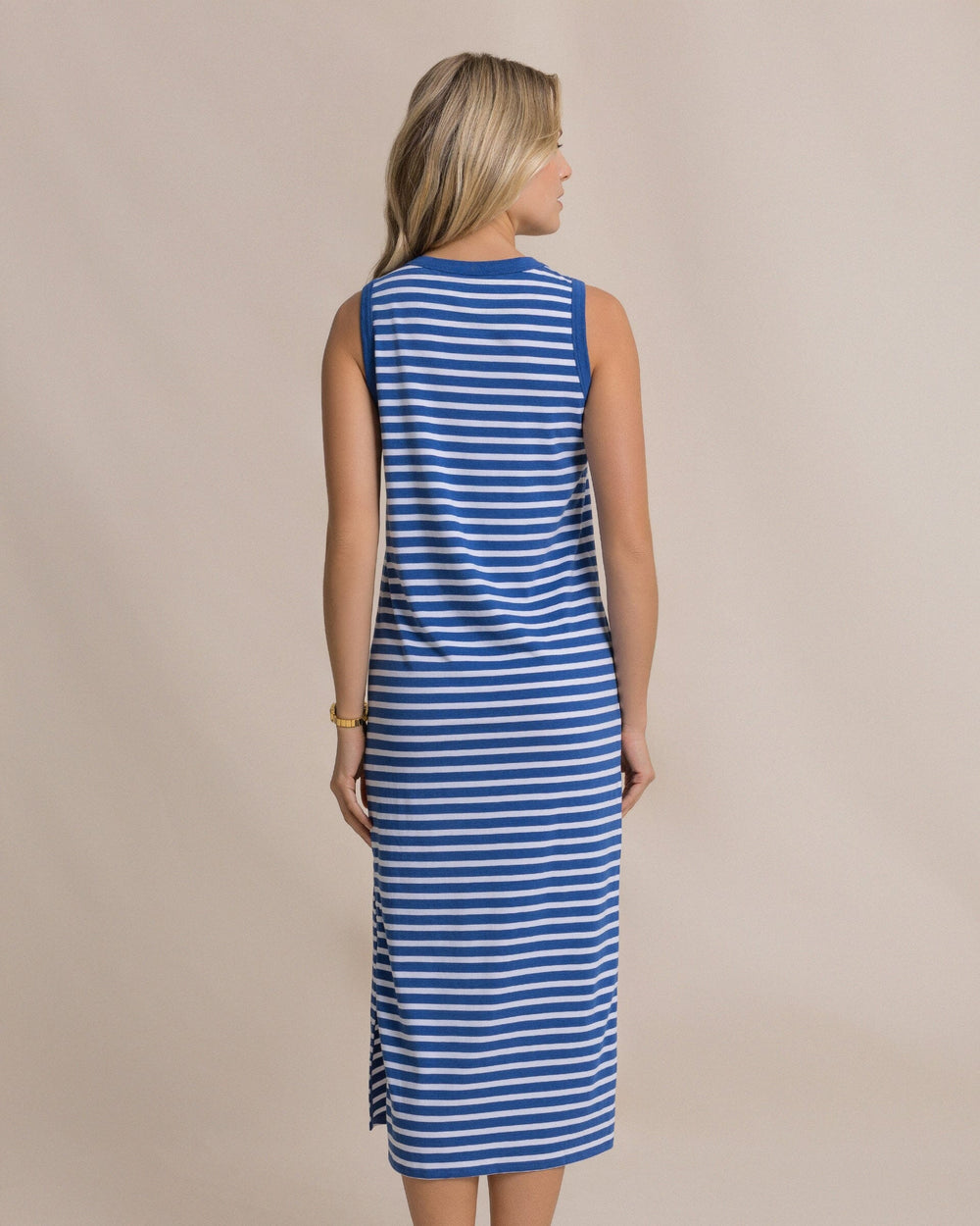 The back view of the Southern Tide Ramona Stripe Midi Tank Dress by Southern Tide - Nautical Blue