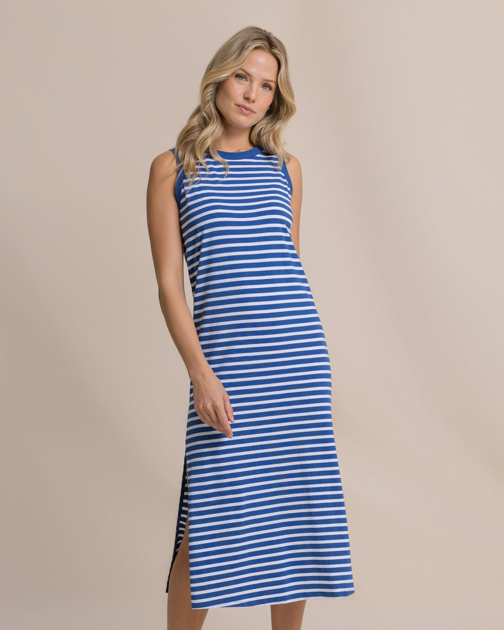 The front view of the Southern Tide Ramona Stripe Midi Tank Dress by Southern Tide - Nautical Blue