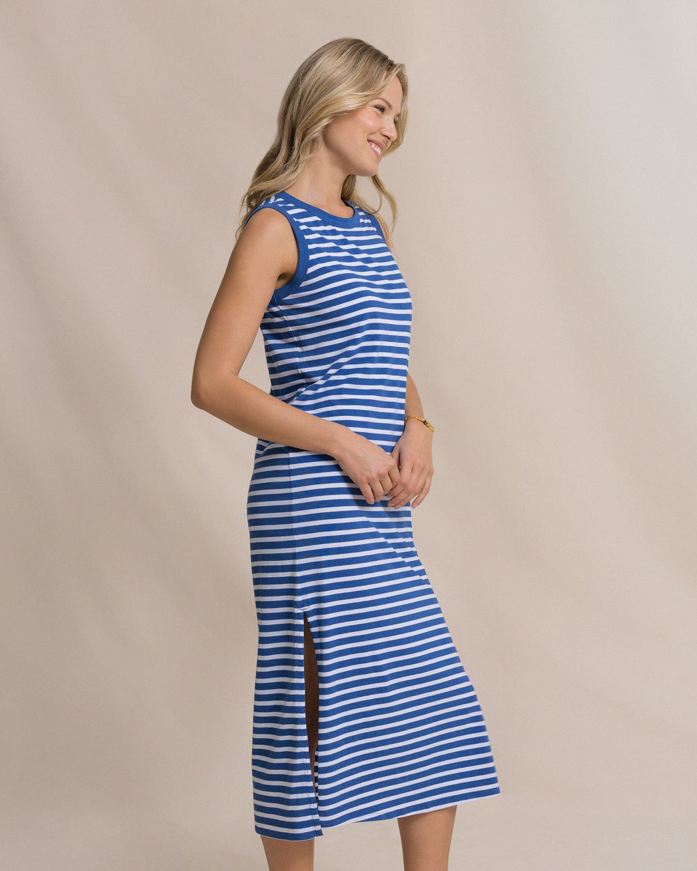 The side view of the Southern Tide Ramona Stripe Midi Tank Dress by Southern Tide - Nautical Blue