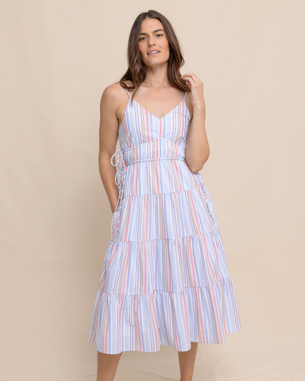The front view of the Southern Tide Raquel Stripe Midi Dress by Southern Tide - Boat Blue
