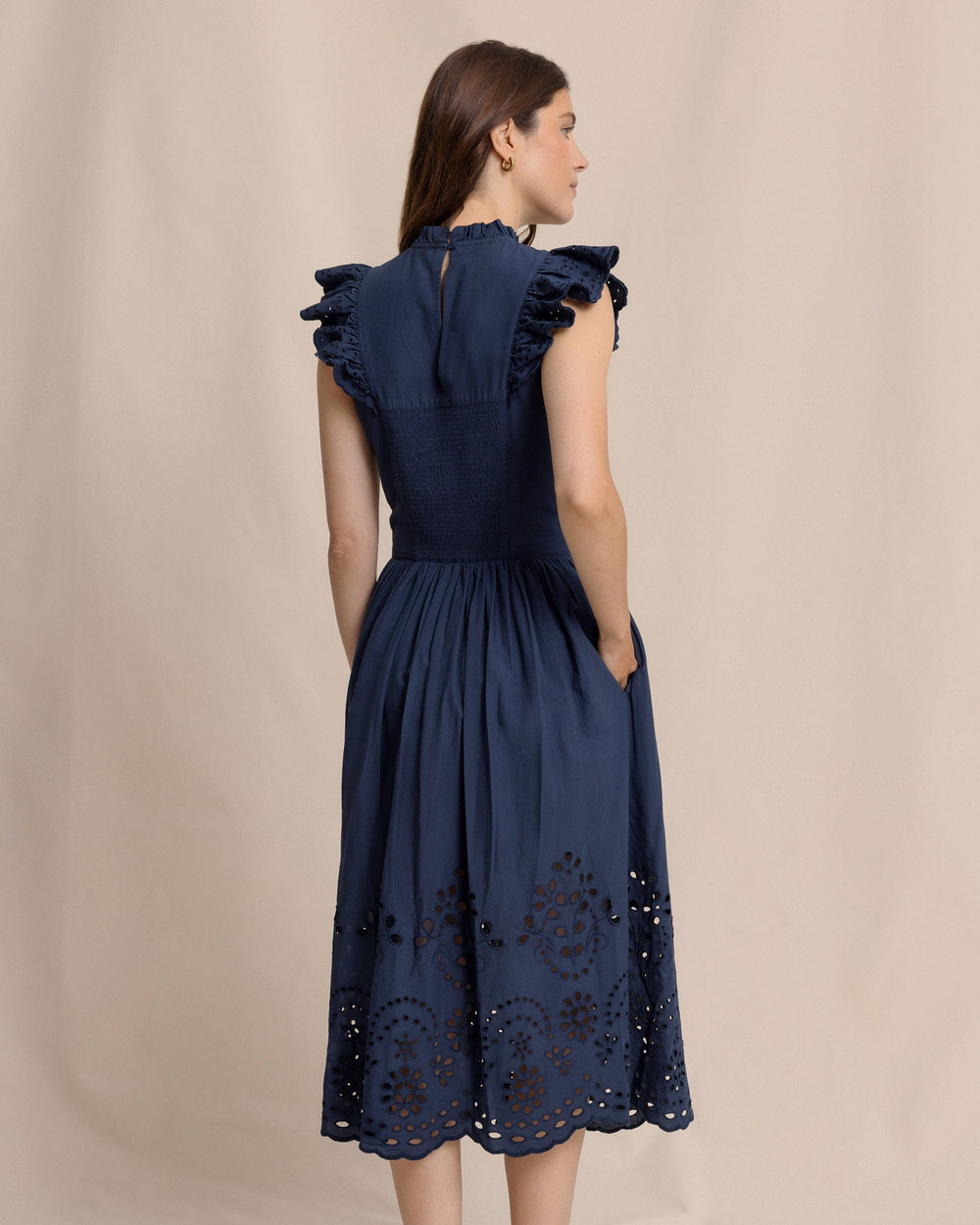 The back view of the Southern Tide Rebekah Eyelet Midi Dress by Southern Tide - Dress Blue