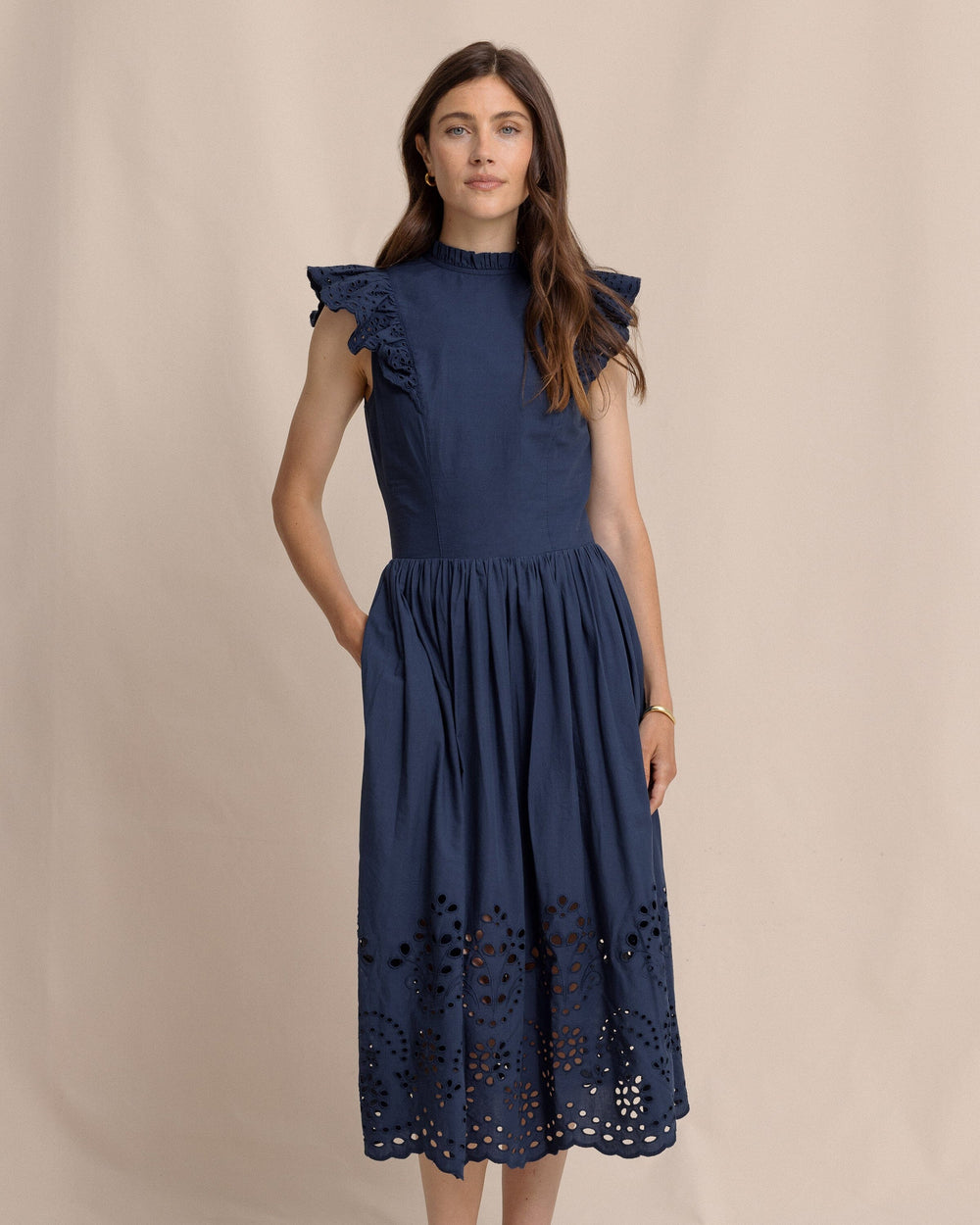 The front view of the Southern Tide Rebekah Eyelet Midi Dress by Southern Tide - Dress Blue