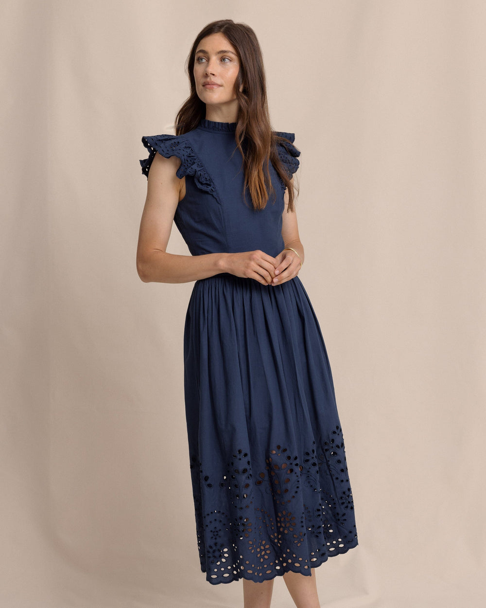 The side view of the Southern Tide Rebekah Eyelet Midi Dress by Southern Tide - Dress Blue