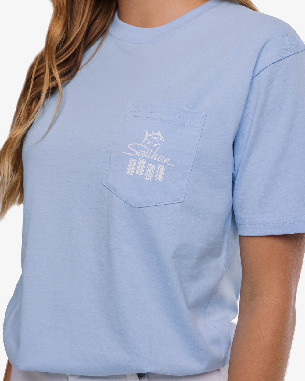 The detail view of the Southern Tide Retro Beach T-shirt by Southern Tide - Sky Blue