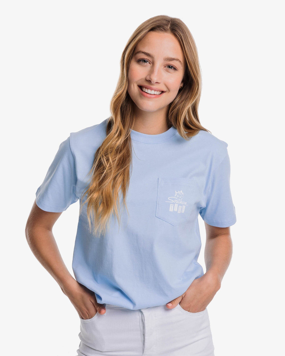 The front view of the Southern Tide Retro Beach T-shirt by Southern Tide - Sky Blue