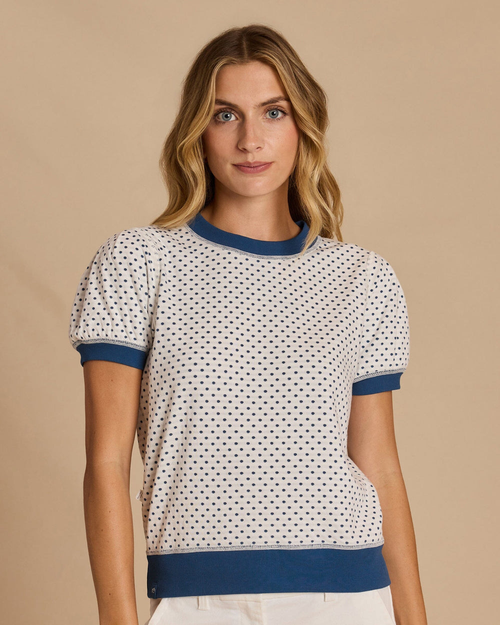 The front view of the Southern Tide Reversible Stripe and Dot Top by Southern Tide - Star White