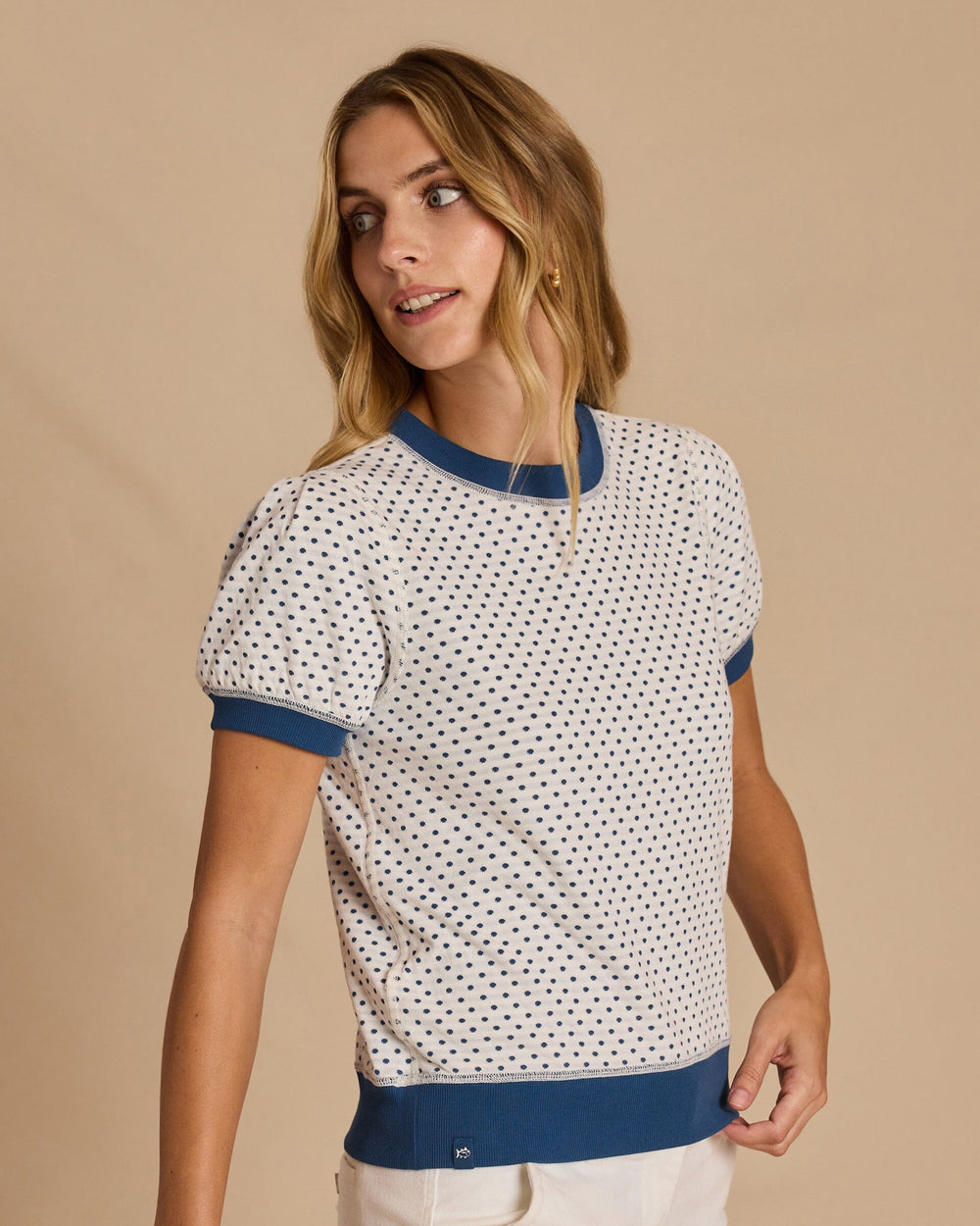 The side view of the Southern Tide Reversible Stripe and Dot Top by Southern Tide - Star White