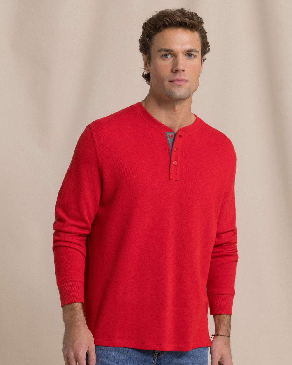 The front view of the Southern Tide Rib Knit Henley by Southern Tide - Salsa Red