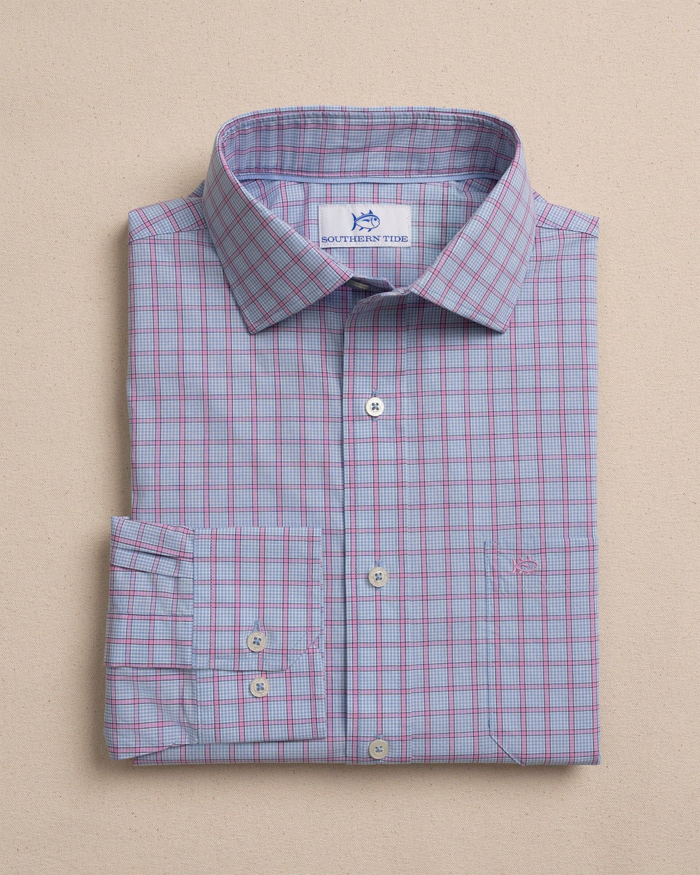 The front view of the Southern Tide Ridgegate Plaid Charleston Sport Shirt by Southern Tide - Tide Blue