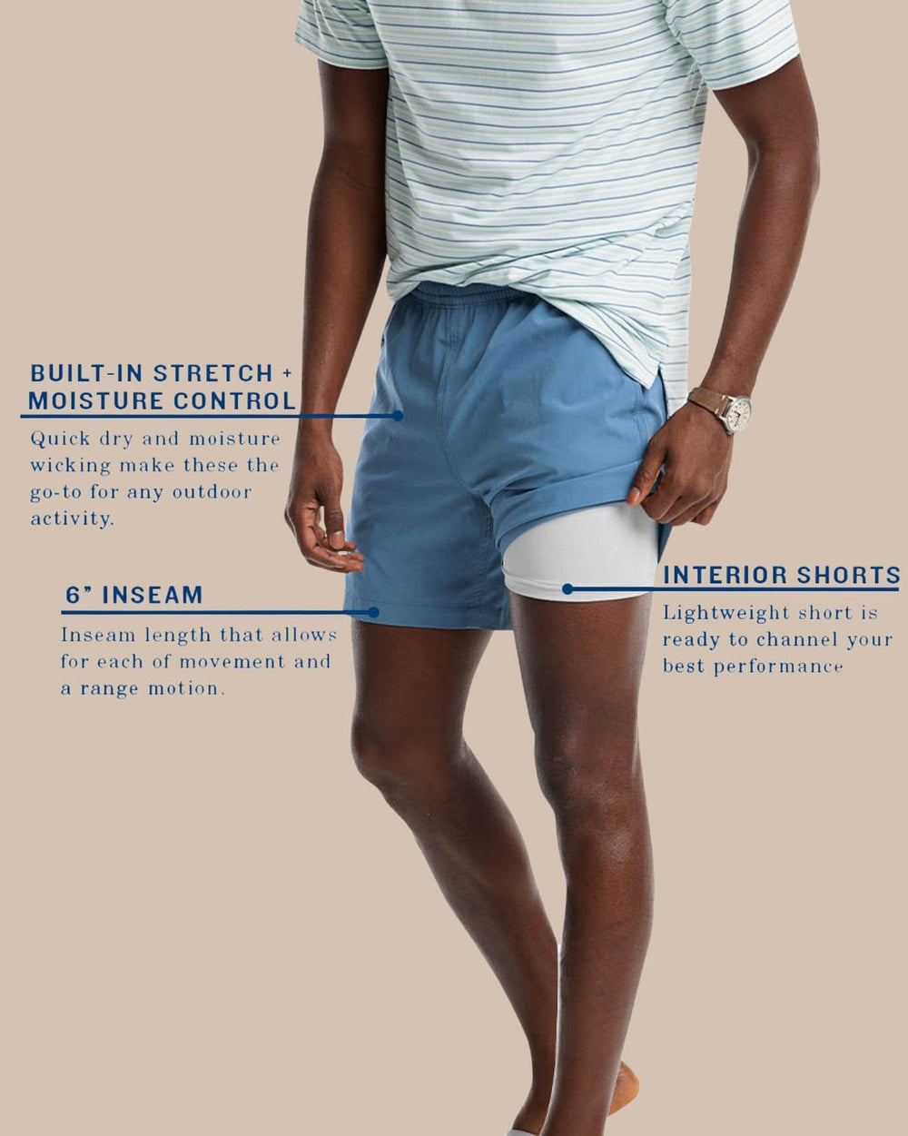 The model highlights short view of the Men's Rip Channel 6 Inch Performance Short by Southern Tide - Blue Ridge