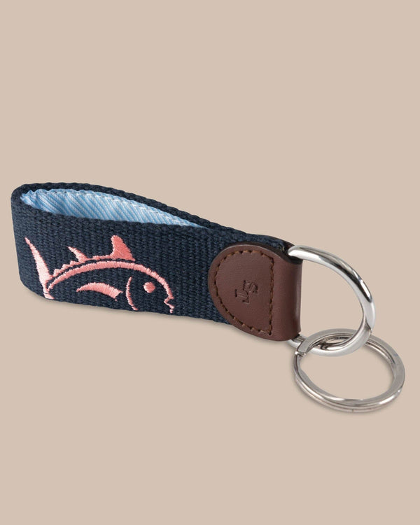 The detail of the Southern Tide Skipjack Embroidered Key Fob by Southern Tide - Sunset Coral