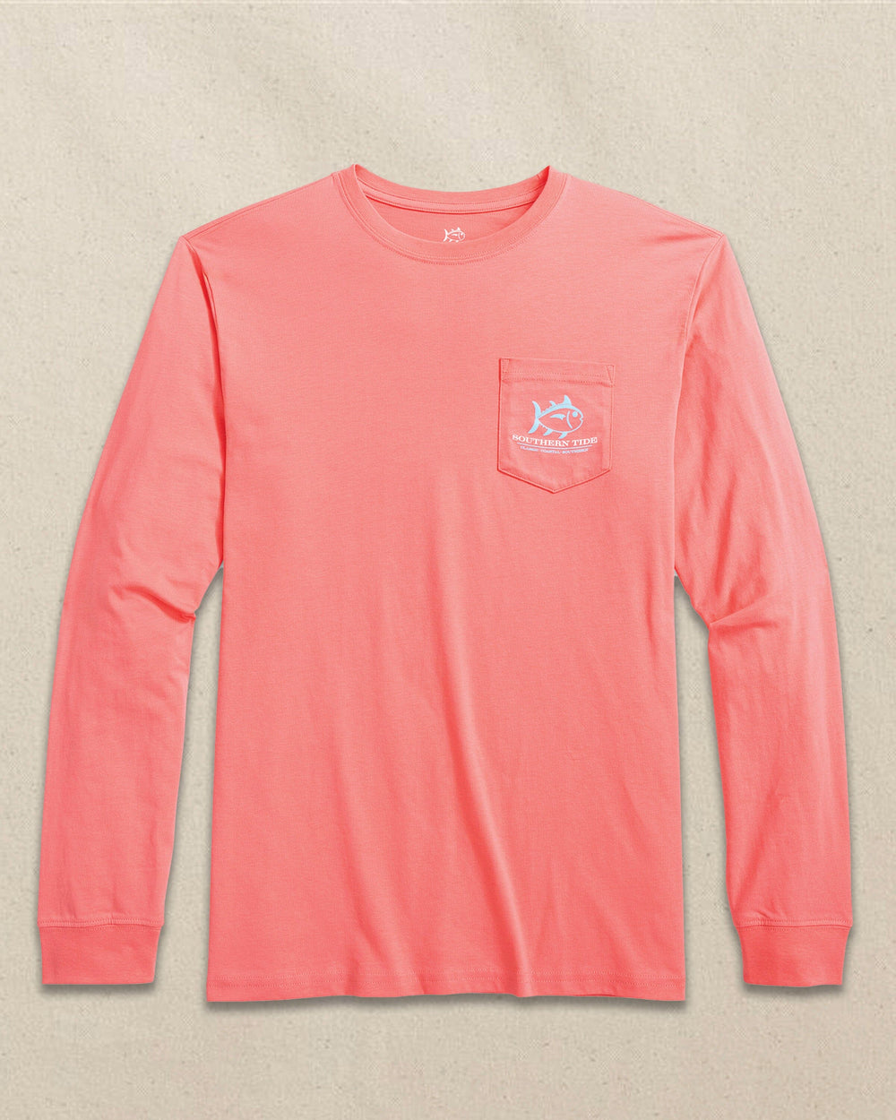 The front view of the Southern Tide Rising Skipjack Long Sleeve T-Shirt by Southern Tide - Light Coral