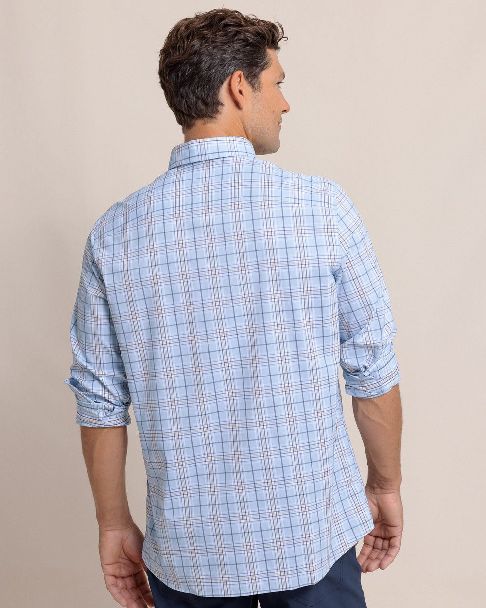 The back view of the Southern Tide River Point Plaid Intercoastal Long Sleeve Sport Shirt by Southern Tide - Cerulean