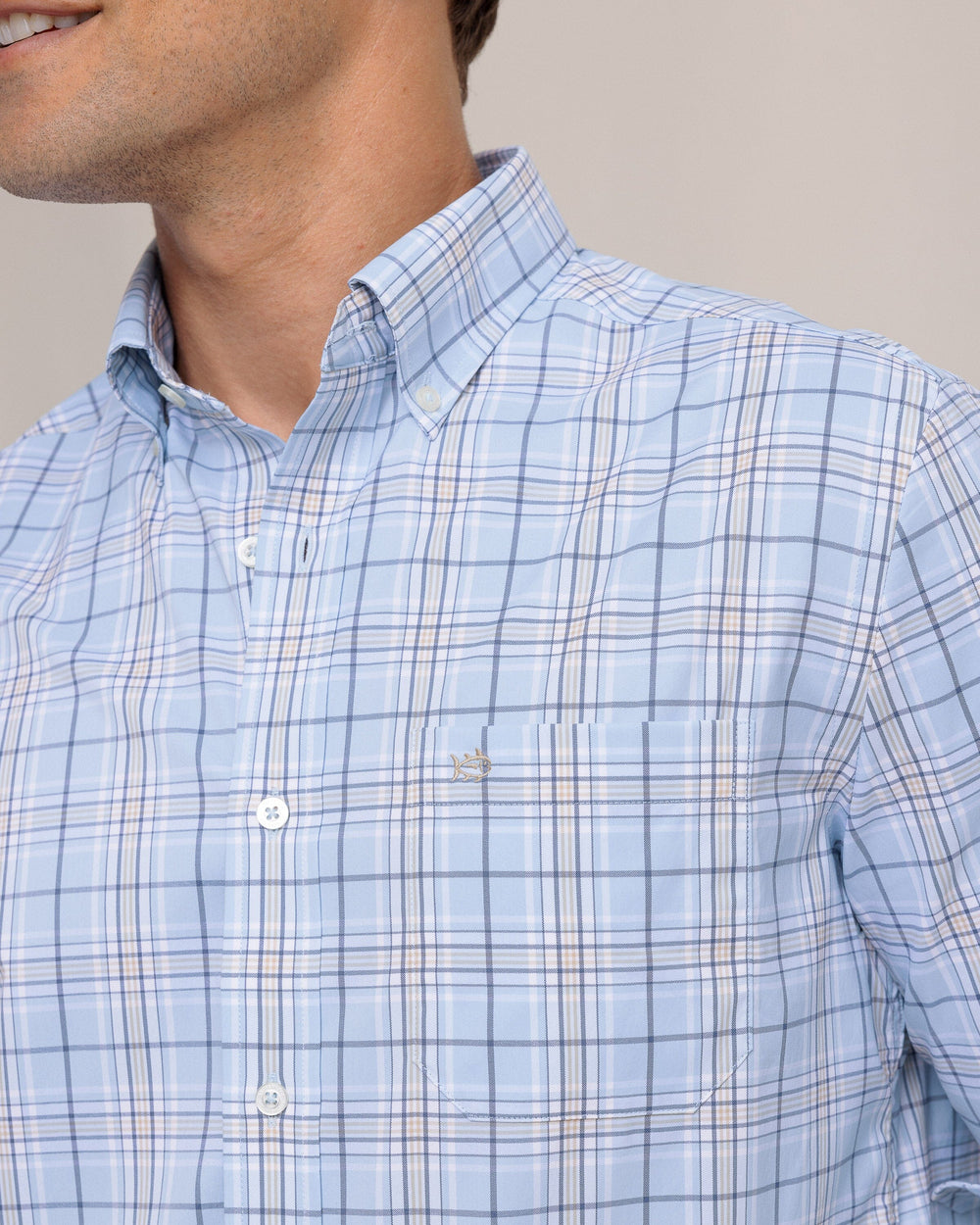 The detail view of the Southern Tide River Point Plaid Intercoastal Long Sleeve Sport Shirt by Southern Tide - Cerulean