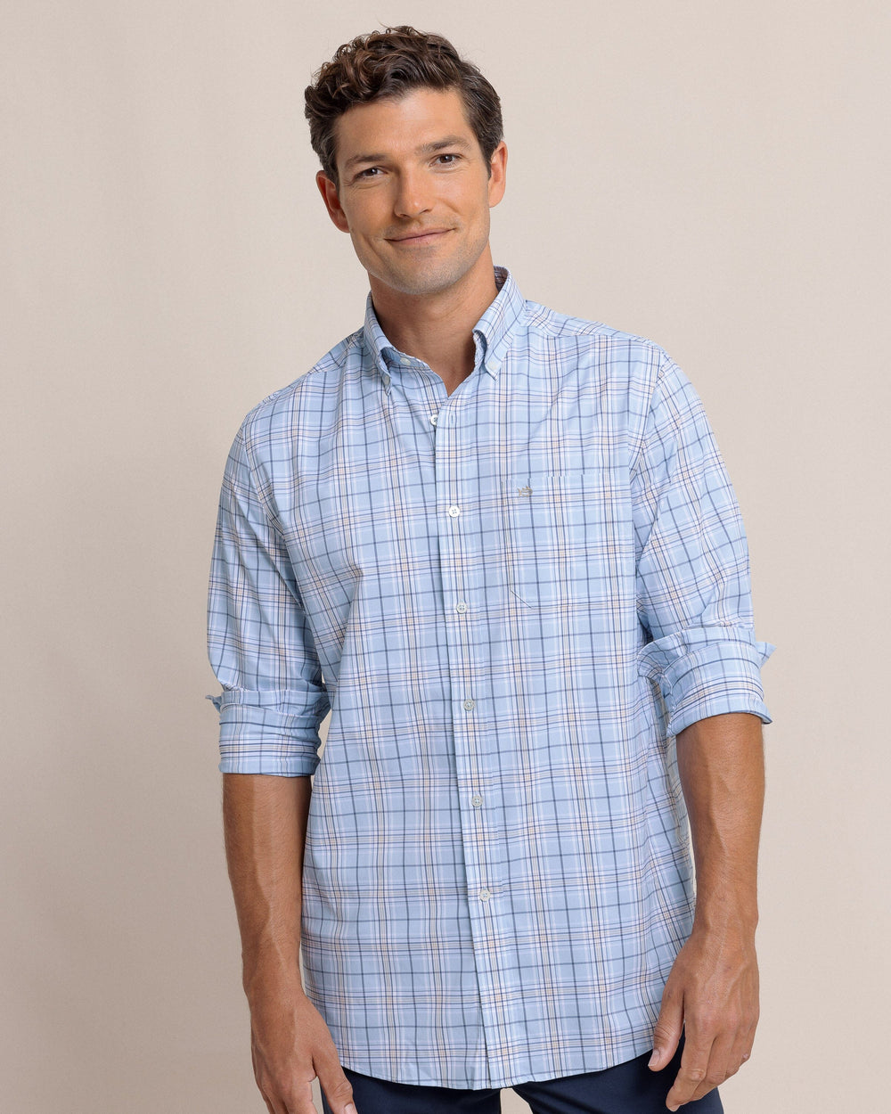 The front view of the Southern Tide River Point Plaid Intercoastal Long Sleeve Sport Shirt by Southern Tide - Cerulean