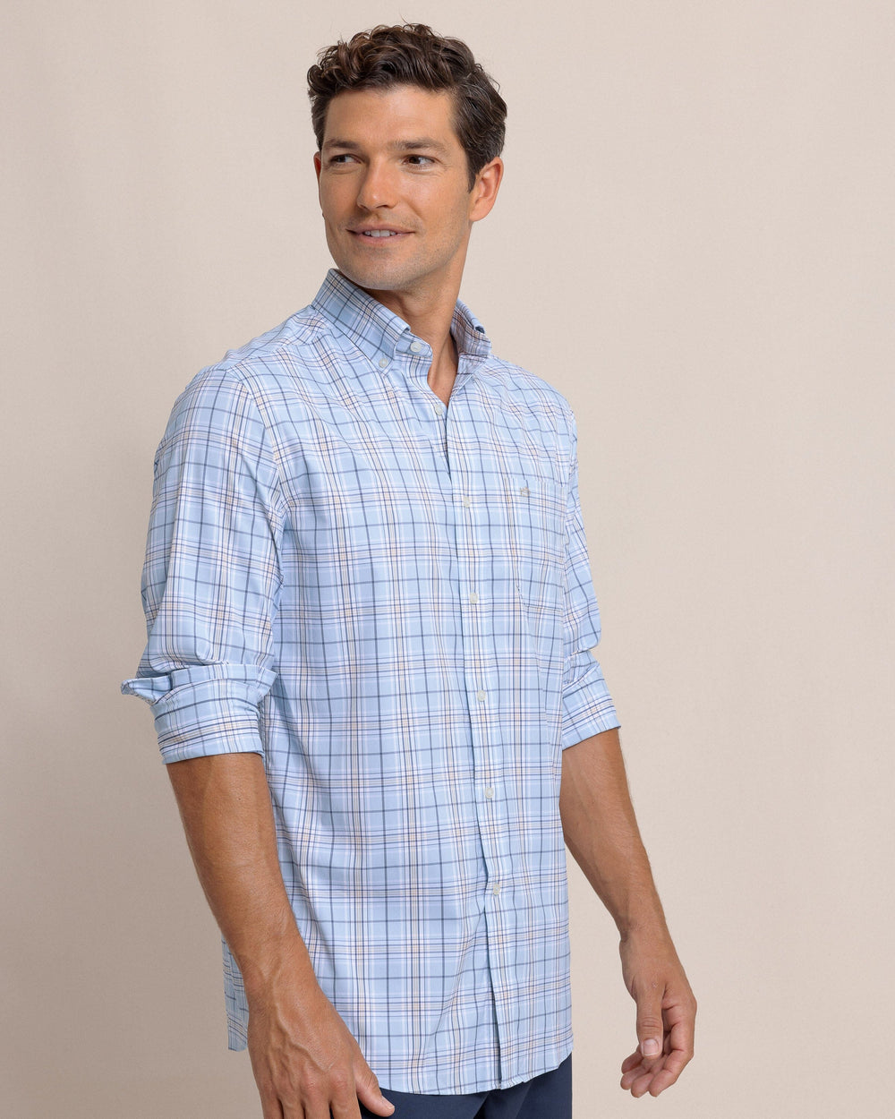 The side view of the Southern Tide River Point Plaid Intercoastal Long Sleeve Sport Shirt by Southern Tide - Cerulean