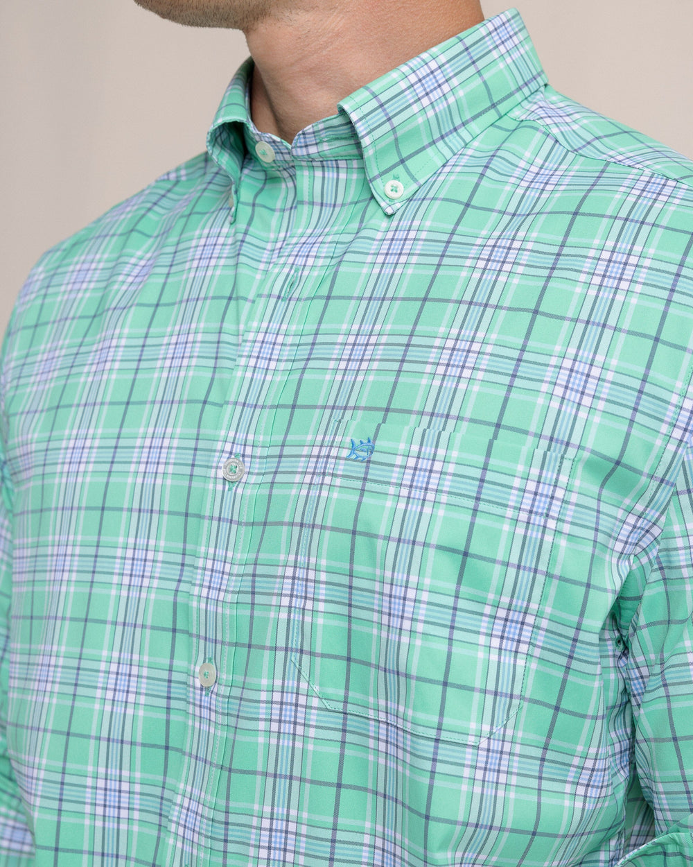 The detail view of the Southern Tide River Point Plaid Intercoastal Long Sleeve Sport Shirt by Southern Tide - Jade Green