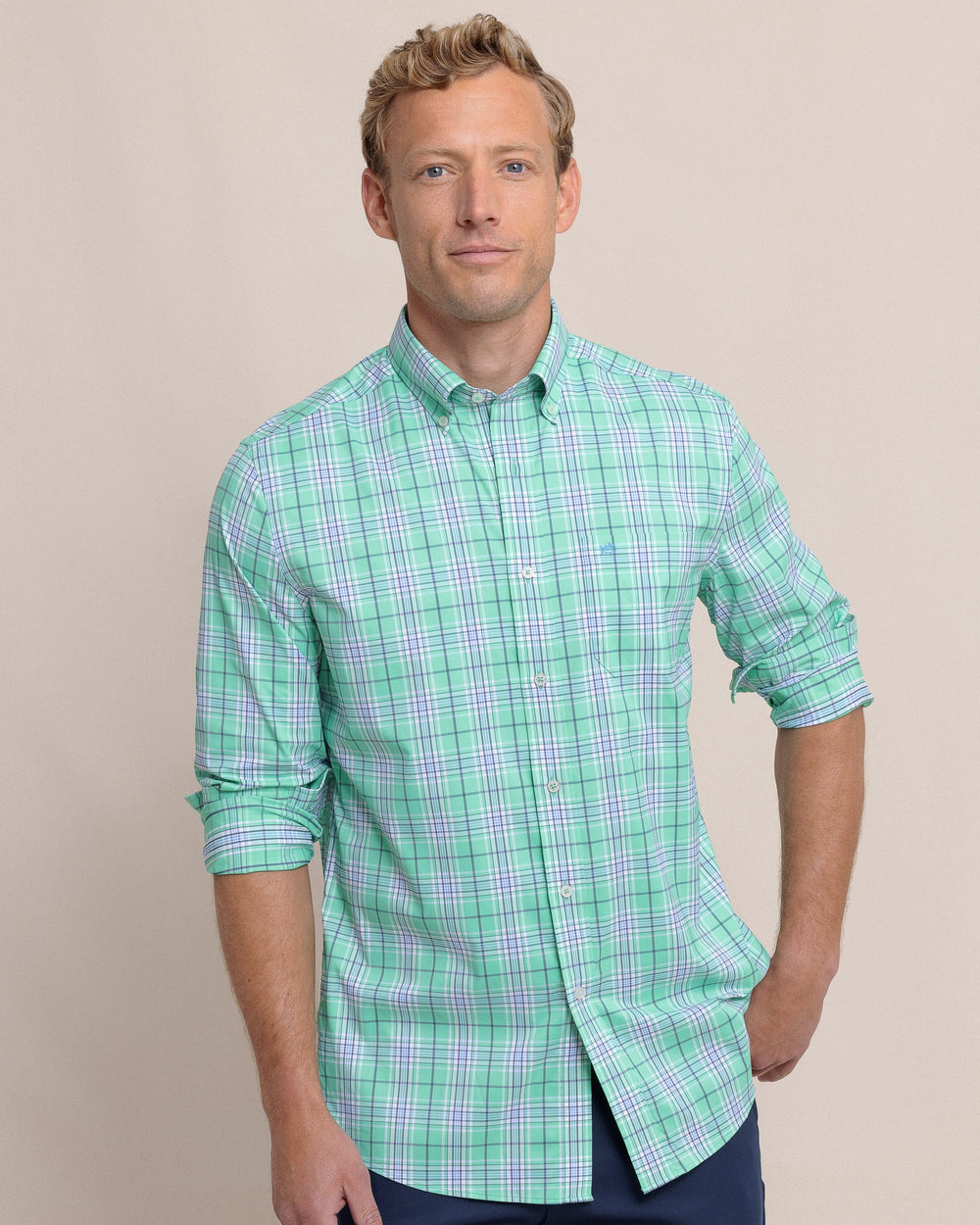 The front view of the Southern Tide River Point Plaid Intercoastal Long Sleeve Sport Shirt by Southern Tide - Jade Green